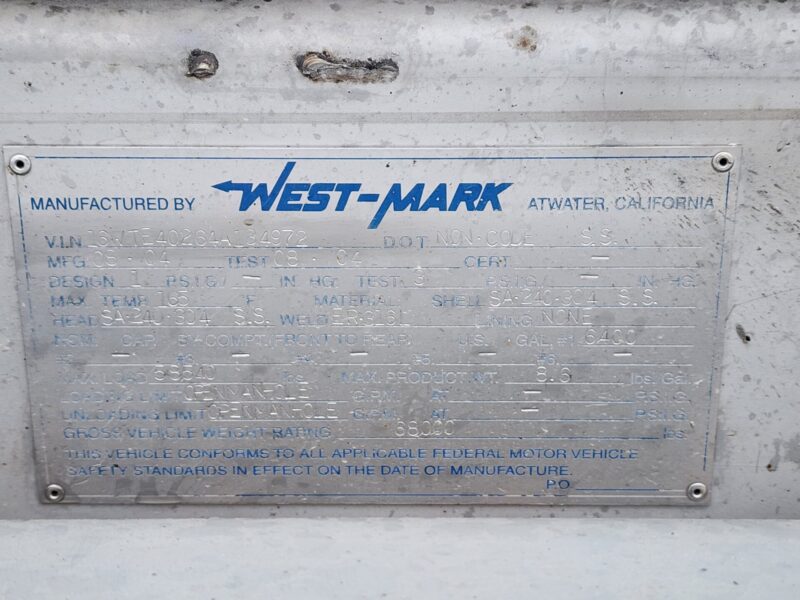 T-130/U-4625 2004 WestMark 6400 Gallon Stainless Steel Semi Tanker