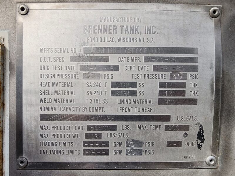 U-4694 1986 Brenner 6900 Gallon Stainless Steel Semi Tanker