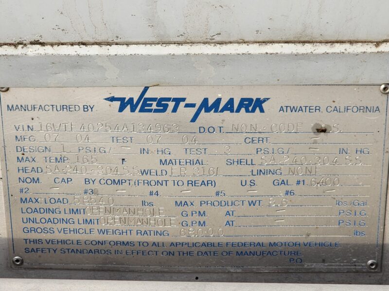 U-4685 2004 West-Mark 6400 Gallon Stainless Steel Semi Tanker