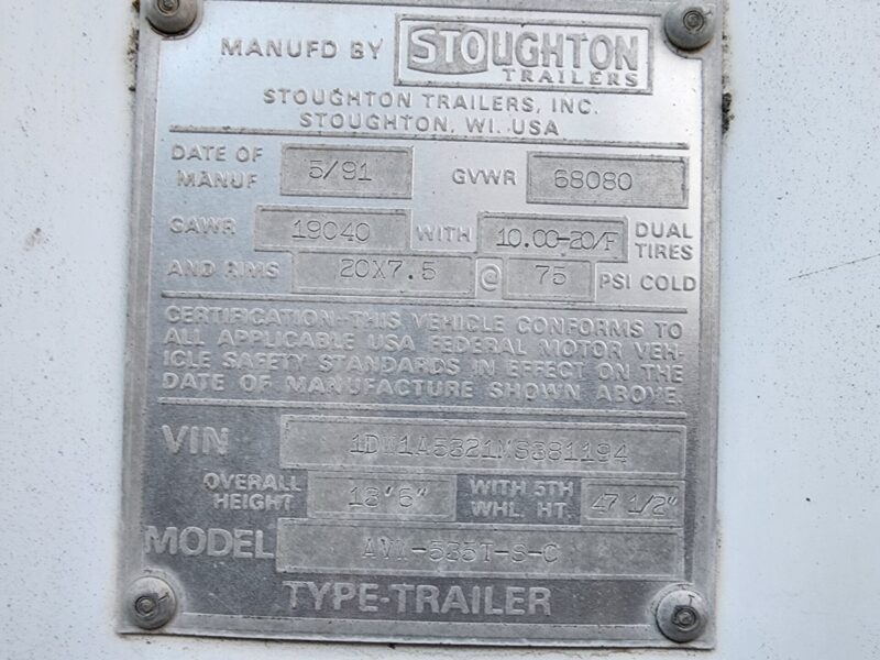 #21038 1991 Stoughton 53′ Van Trailer