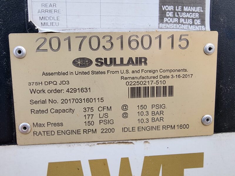 AC-65 375 CFM 2017 SullAir w. 4.5L John Deere Engine Air Compressor