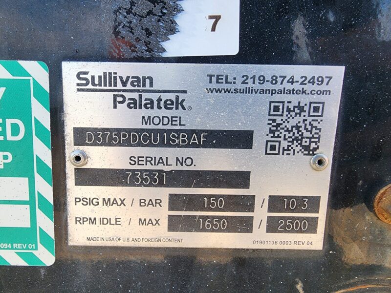 AC-69 375 CFM 2015 Sullivan Palatek w. Cummins Engine Air Compressor