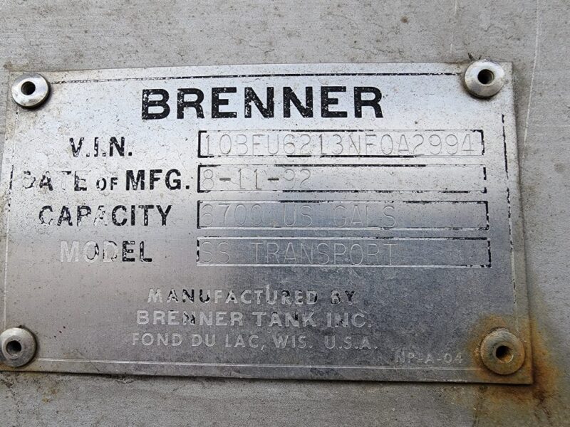 U-4795 1992 Brenner 6700 Gallon Stainless Steel Semi Tanker