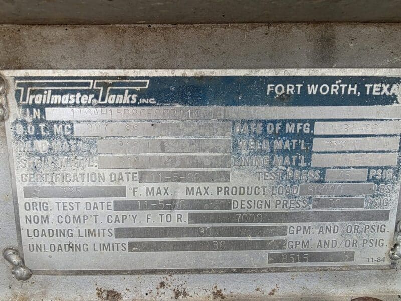 U-4808 1986 Trailmaster 7000 Gallon Stainless Steel Semi Tanker