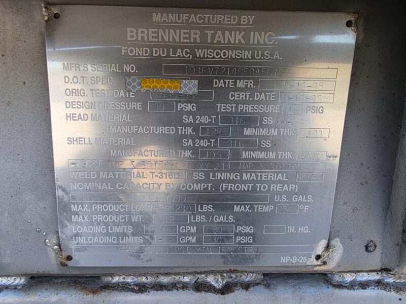 U-4810 1995 Brenner 7000 Gallon Stainless Steel Semi Tanker