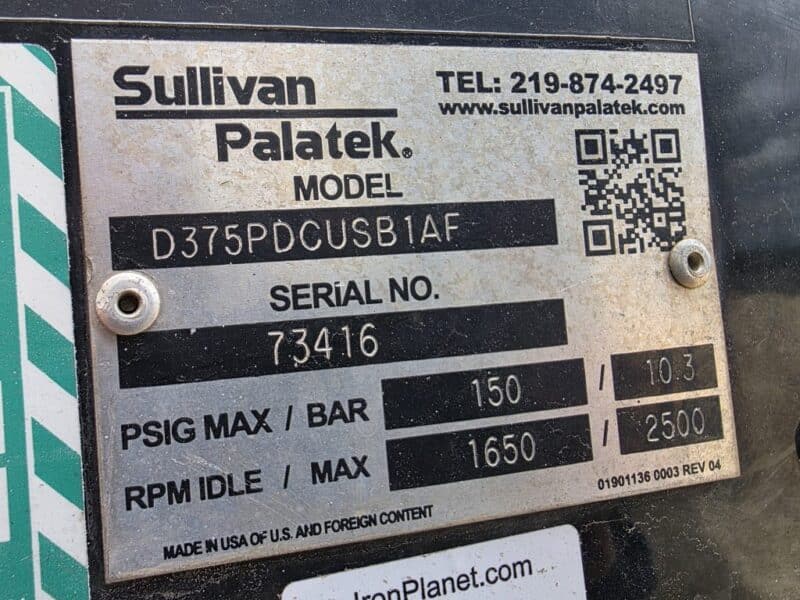 AC-86 375 CFM 2015 Sullivan 4.5L Cummins Engine Air Compressor