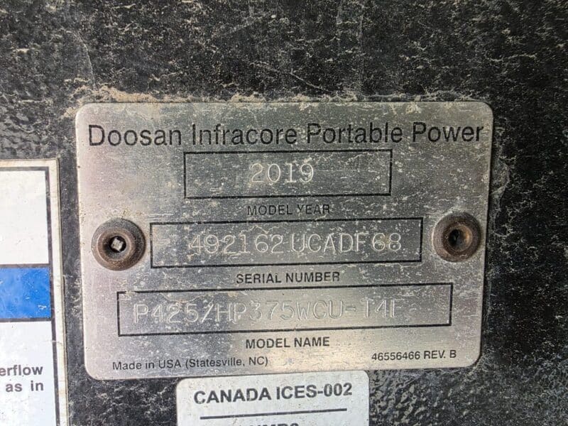 AC-84 425 CFM 2019 Doosan 4.5L Cummins Engine Air Compressor