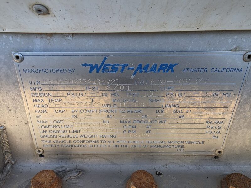 U-4818 2003 West Mark 6700 Gallon Stainless Steel Semi Tanker
