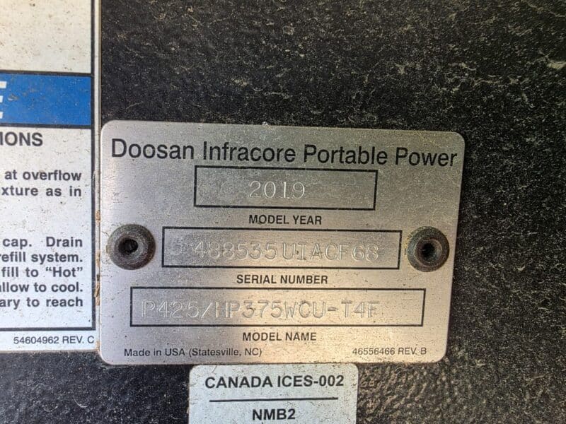 AC-89 425 CFM 2019 Doosan Cummins Engine Air Compressor