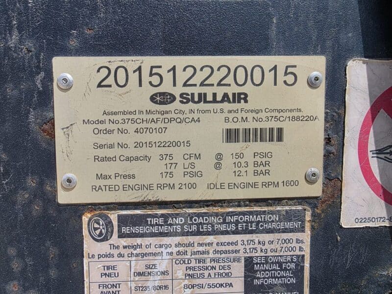 AC-92 375 CFM 2015 Sullair John Deere Engine Air Compressor