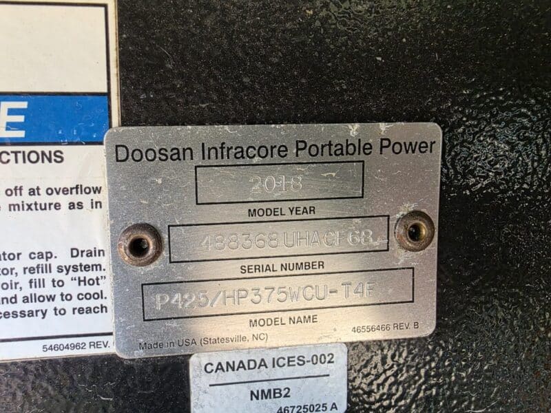 AC-91 425 CFM 2018 Doosan Cummins Engine Air Compressor