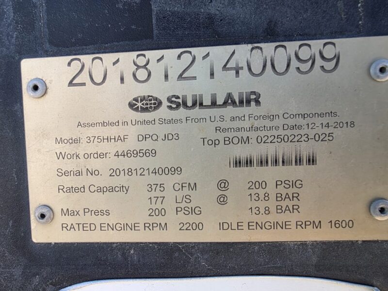 AC-93 375 CFM 2018 Sullair John Deere Engine Air Compressor