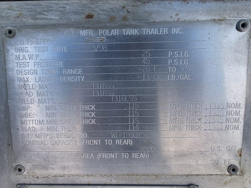 U-4824 1998 Polar 7000 Gallon Stainless Steel Semi Tanker