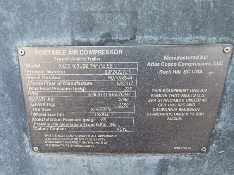 AC-97 400 CFM 2017 Atlas Copco John Deere Engine Air Compressor