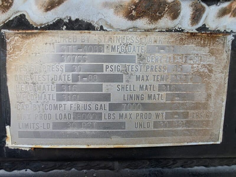 U-4827 1988 STE 7000 Gallon Stainless Steel Semi Tanker