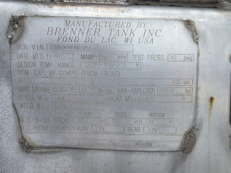 U-4830 1997 Brenner 6800 Gallon Stainless Steel Semi Tanker