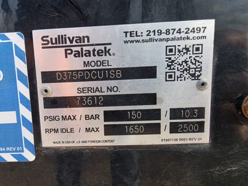 AC-100 375 CFM 2016 Sullivan 4.5L Cummins Engine Air Compressor
