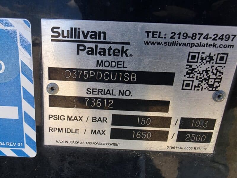 AC-100 375 CFM 2016 Sullivan 4.5L Cummins Engine Air Compressor