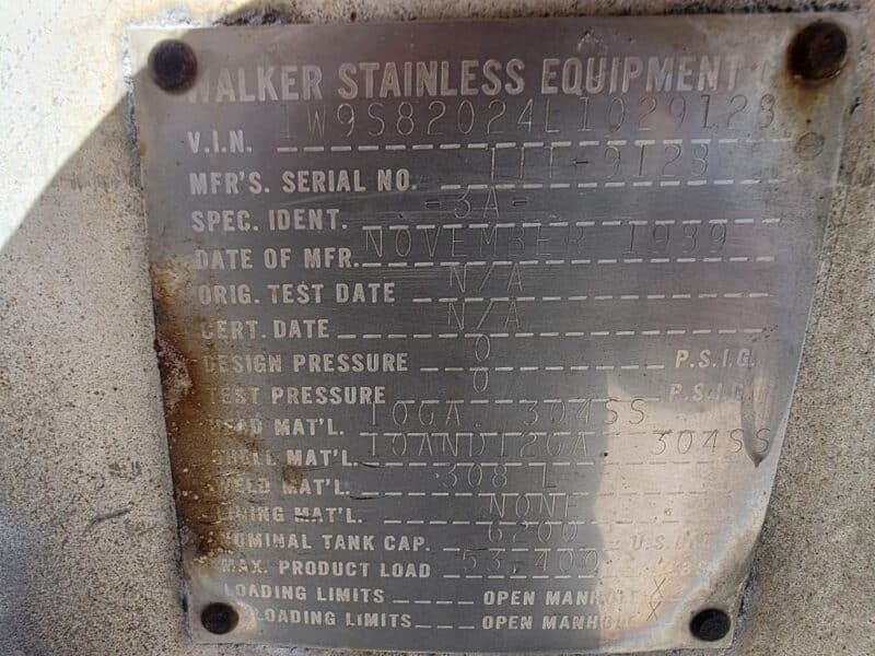 #31 1990 Walker 6200 Gallon Stainless Steel Semi Tanker