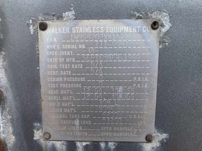 #30 1990 Walker 6200 Gallon Stainless Steel Semi Tanker