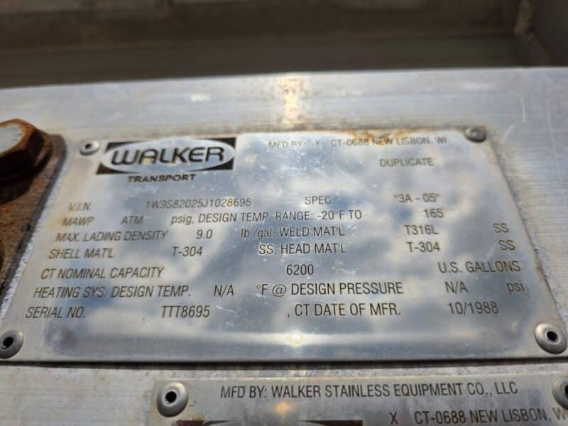 #29 1989 Walker 6200 Gallon Stainless Steel Semi Tanker