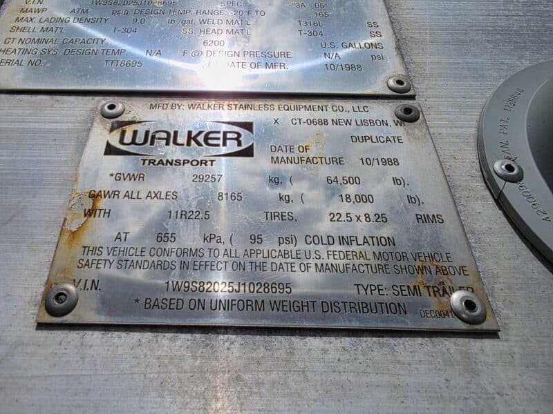 #29 1989 Walker 6200 Gallon Stainless Steel Semi Tanker