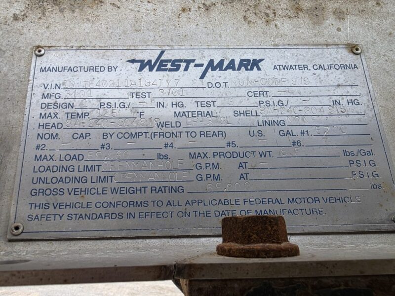 U-4838 2001 West Mark 6700 Gallon Stainless Steel Semi Tanker