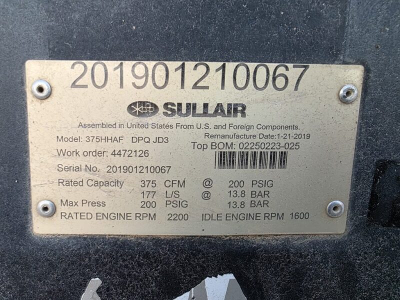 AC-103 375 CFM 2019 Sullair 4.5L John Deere Engine Air Compressor