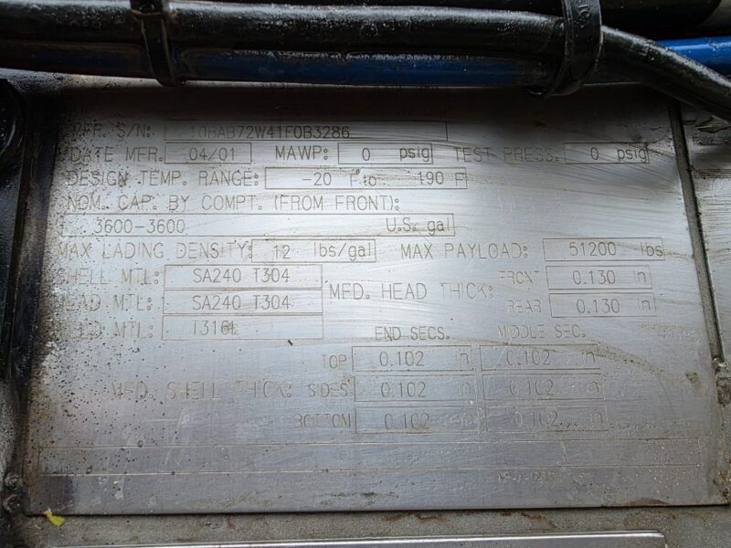 U-4839 2001 Brenner 7200 Gallon Stainless Steel Semi Tanker