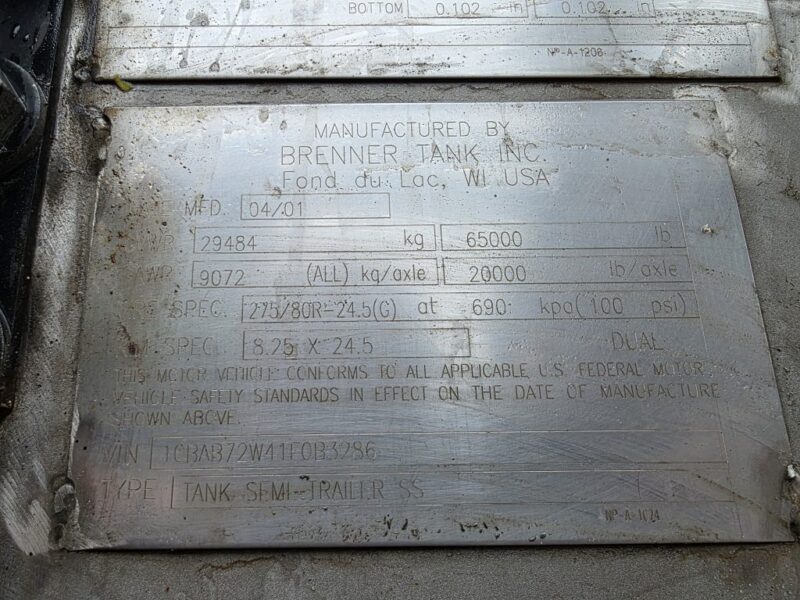 U-4839 2001 Brenner 7200 Gallon Stainless Steel Semi Tanker