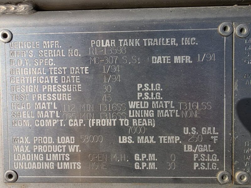 U-4845 1994 Polar 7000 Gallon Stainless Steel Semi Tanker U-4845 1994 Polar 7000 Gallon Stainless Steel Semi Tanker