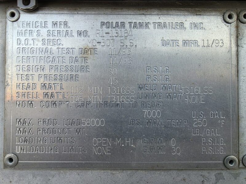 U-4844 1994 Polar 7000 Gallon Stainless Steel Semi Tanker U-4844 1994 Polar 7000 Gallon Stainless Steel Semi Tanker