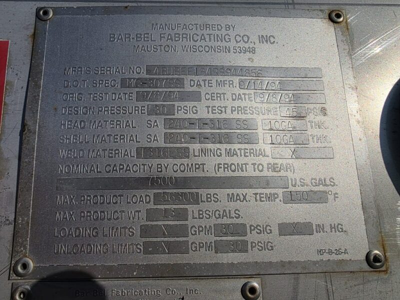 U-4840 1995 Bar-Bel 7500 Gallon Stainless Steel Semi Tanker