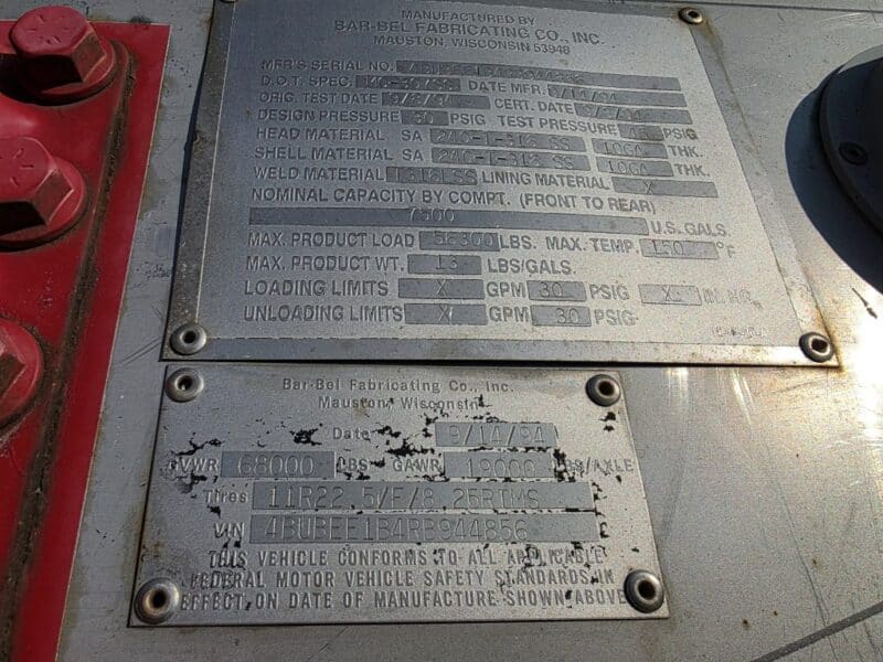 U-4840 1995 Bar-Bel 7500 Gallon Stainless Steel Semi Tanker