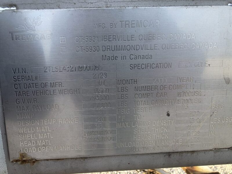 U-4843 2001 TremCar 6700 Gallon Stainless Steel Semi Tanker U-4843 2001 TremCar 6700 Gallon Stainless Steel Semi Tanker
