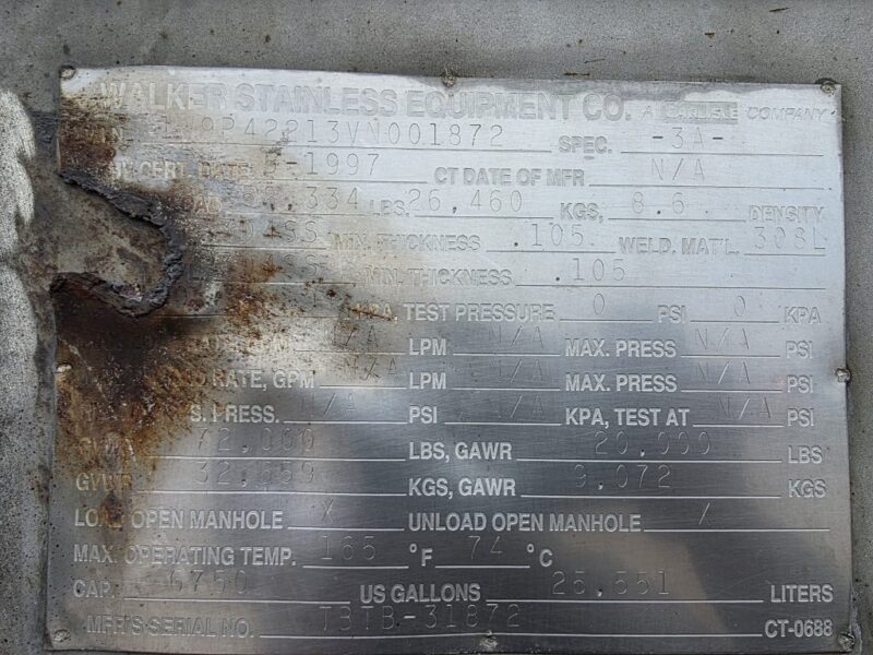 U-4846 1997 Walker 6750 Gallon Stainless Steel Semi Tanker