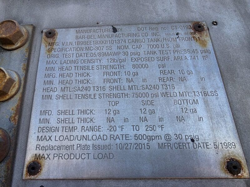 U-4848 1989 Bar-Bel 7000 Gallon Stainless Steel Semi Tanker