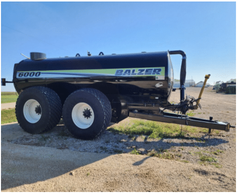 Heavy-duty Balzer 6000 manure tanker built for efficient hauling and nutrient application on livestock farms.