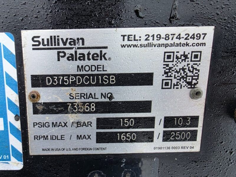 AC-107 375 CFM 2016 Sullivan 4.5L Cummins Engine Air Compressor