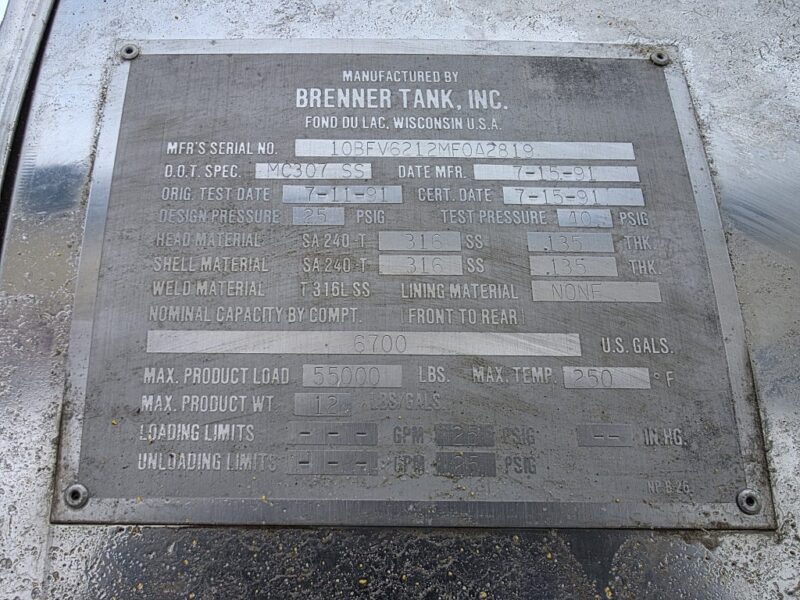U-4853 1991 Brenner 6700 Gallon Stainless Steel Semi Tanker