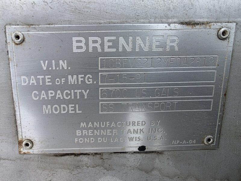 U-4853 1991 Brenner 6700 Gallon Stainless Steel Semi Tanker