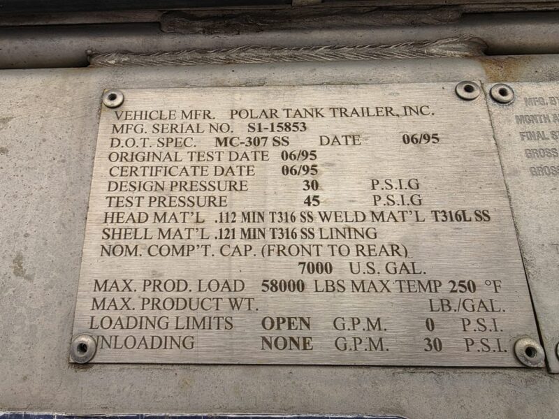 U-4850 1995 Polar 7000 Gallon Stainless Steel Semi Tanker