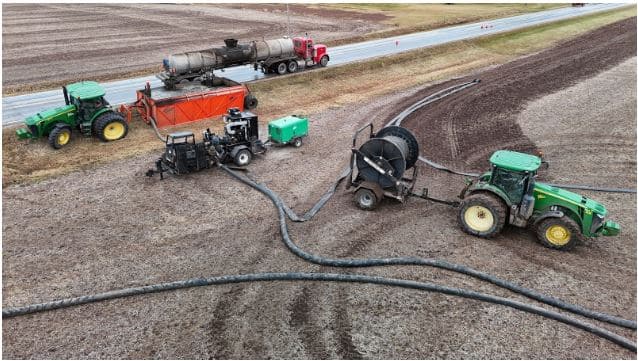 Manure dumpster transfer station receiving liquid manure from semi tankers for large livestock operations