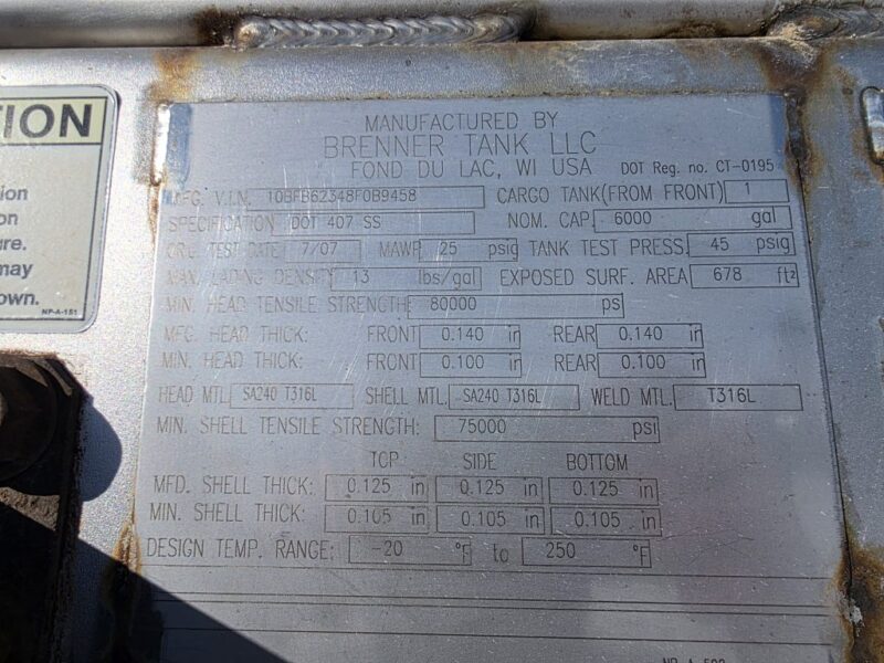 U-4864 2008 Brenner 6000 Gallon Stainless Steel Semi Tanker