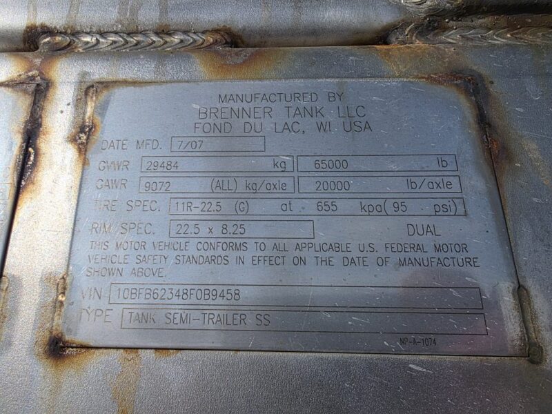 U-4864 2008 Brenner 6000 Gallon Stainless Steel Semi Tanker
