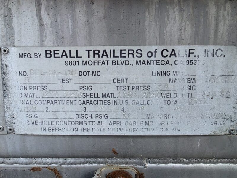 U-184 1995 Beall 6700 Gallon Stainless Steel Semi Tanker
