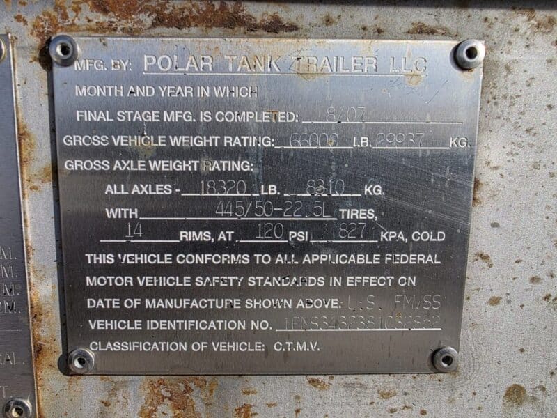 U-4868 2007 Polar 7000 Gallon Stainless Steel Semi Tanker