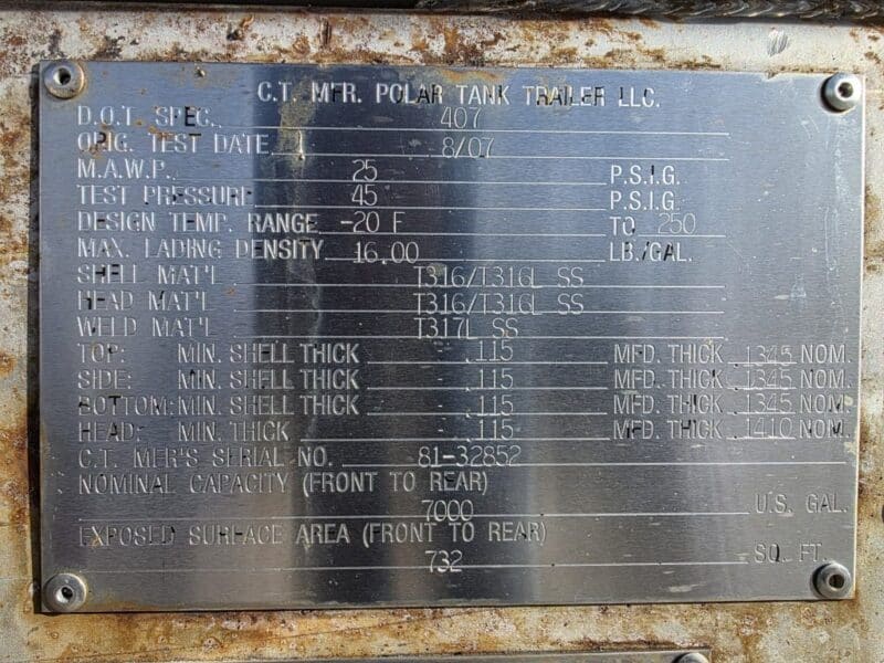 U-4868 2007 Polar 7000 Gallon Stainless Steel Semi Tanker