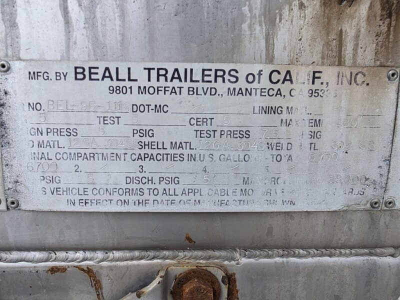 U-184 1995 Beall 6700 Gallon Stainless Steel Semi Tanker