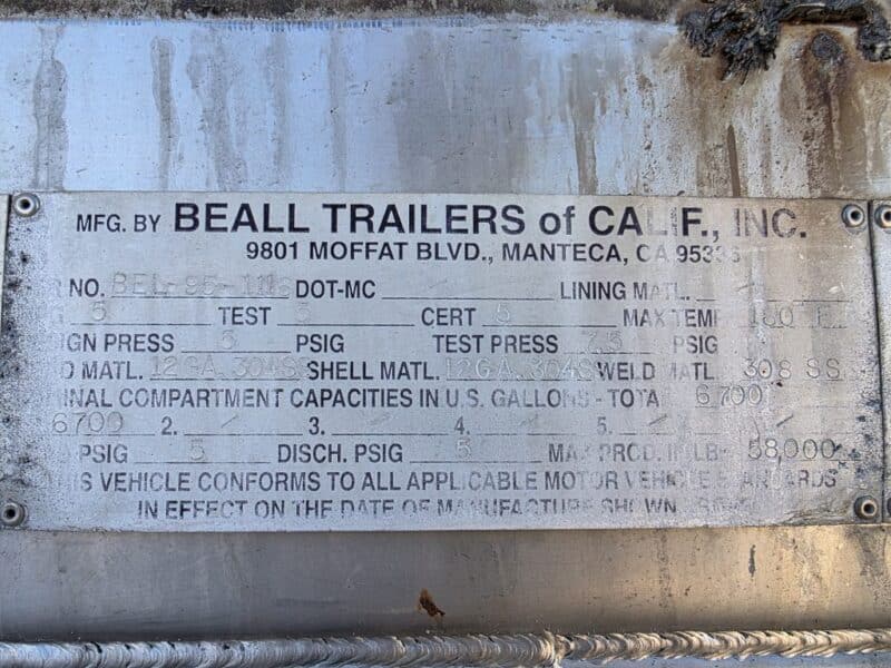20″ Swivel Tube U-184 1995 Beall 6700 Gallon Stainless Steel Semi Tanker